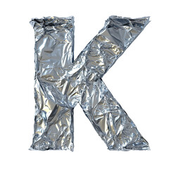 Top view of a 3D letter K made of aluminum foil isolated on a white transparent background