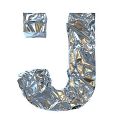 Top view of a 3D letter J made of aluminum foil isolated on a white transparent background