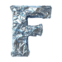 Top view of a 3D letter F made of aluminum foil isolated on a white transparent background