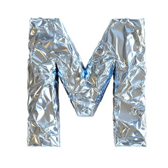 Top view of a 3D letter M made of aluminum foil isolated on a white transparent background