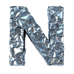 Top view of a 3D letter N made of aluminum foil isolated on a white transparent background