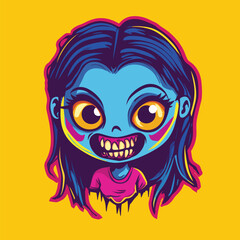 Vibrant Blue Zombie Girl with Big Eyes and Grinning Teeth