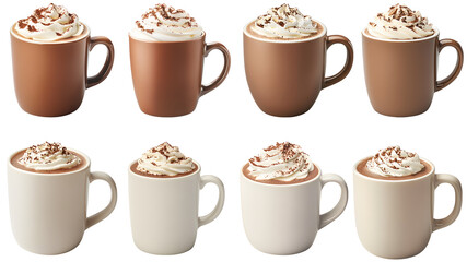 Collection of various a steaming cup of hot chocolate topped with whipped cream and cocoa powder isolated on white transparent background PNG set