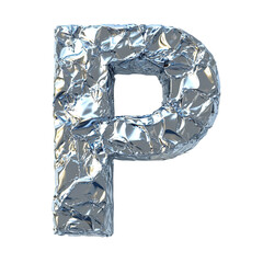 Top view of a 3D letter P made of aluminum foil isolated on a white transparent background