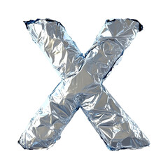 Top view of a 3D letter X made of aluminum foil isolated on a white transparent background