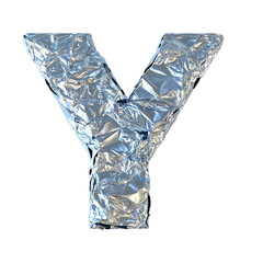Top view of a 3D letter Y made of aluminum foil isolated on a white transparent background