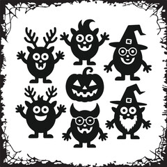 Assortment of cheerful Halloween monsters and a carved pumpkin silhouette with a spooky web border, perfect for festive designs.