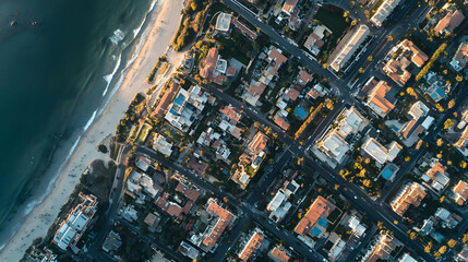 Coastal City Aerial View Oceanfront Homes on Sandy Beach California Real Estate