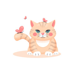 Cute ginger cat with butterflies on head and tail. Pastel hand drawn style with big eyes and soft colors. Isolated on white background. Perfect for kids' decor or prints