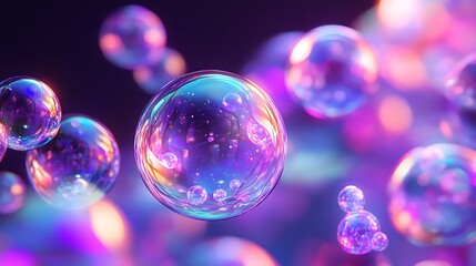 Beautiful iridescent bubbles floating against a dark atmospheric background