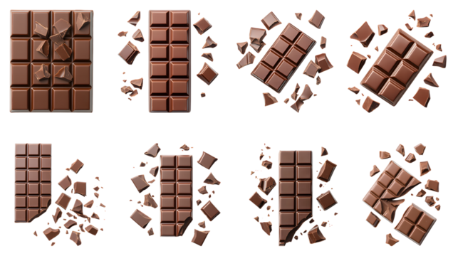 Collection of various a bar of premium dark chocolate with broken pieces arranged neatly isolated on white transparent background PNG set