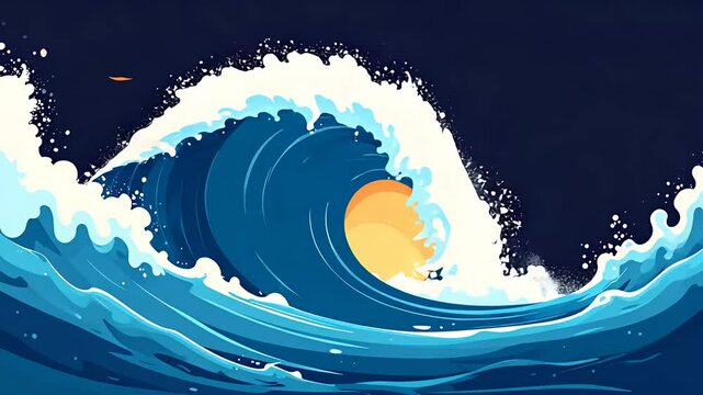 Stylized art of ocean wave with sun peaking through the curl