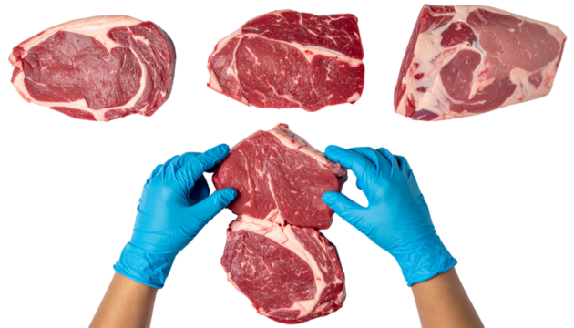 Fresh cuts of meat handled carefully with gloved hands for food preparation.