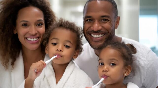 Happy Family Brushes Their Teeth Together in the Bathroom: A Picture of Dental Hygiene and Family Wellness