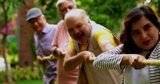 Senior playing tug of war in garden, Indian Asian elderly friends enjoying outdoor physical activity with rope, laughing and pulling together as part of fun reunion game amid green nature