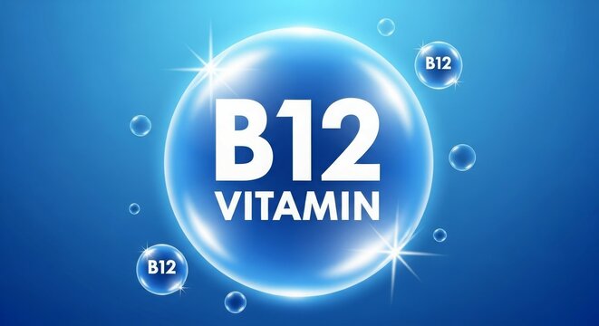 A graphic representation of Vitamin B12 in a blue bubble with a glowing effect.
