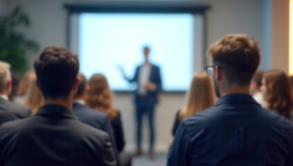 Blurred photo of business presentation in modern conference room. Focused audience listens to speaker. Corporate seminar workshop with interaction, learning opportunities for company employees