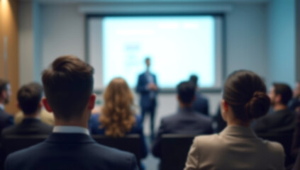 Blurred photo of business presentation in modern conference room. Focused audience listens to speaker. Corporate seminar workshop with interaction, learning opportunities for company employees