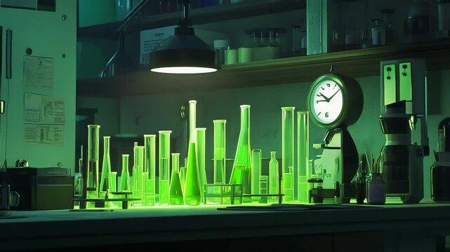 Vintage Laboratory Setup with Glowing Green Liquid in Test Tubes and Scientific Equipment