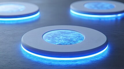 Close-up of three illuminated, modern coasters.