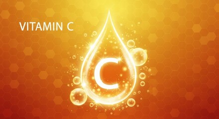A bright graphic featuring a glowing drop symbolizing Vitamin C with bubbles.