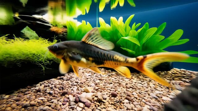 Elegant Synodontis Petricola catfish swimming gracefully inside a clear glass aquarium with aquatic plants and pebbles, displaying its unique coloration.