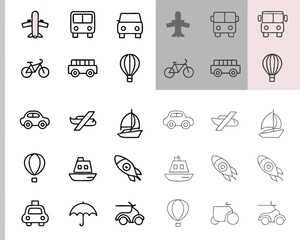 Transportation icons set vector illustration of airplane car bus boat bicycle and more travel vehicles