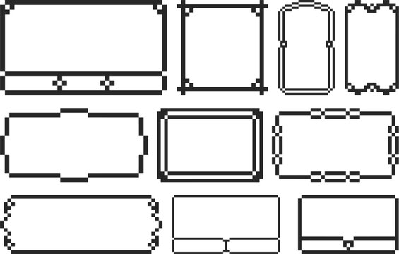 Set of vintage pixel art vector frames for retro UI, digital labels, or 8-bit game design, perfect for nostalgic interface elements and minimalist web or app assets.

