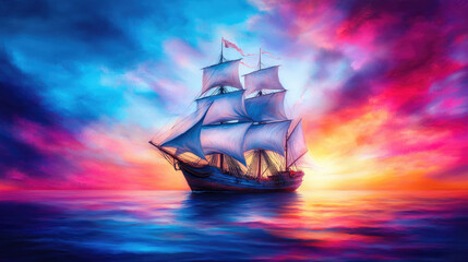 Obraz premium Majestic sailing ship at sunset ocean view digital artwork vibrant colors serene atmosphere artistic interpretation for nautical enthusiasts