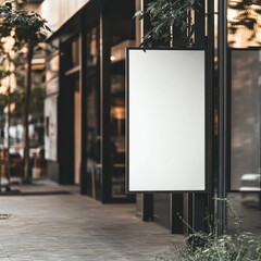 A white sign is hanging on a pole in front of a building