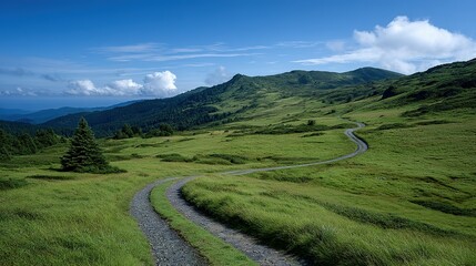 Winding dirt road through a lush mountain meadow.