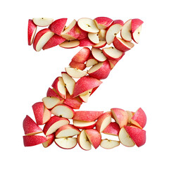 Top view of a 3D letter Z made of apple slices isolated on a white transparent background