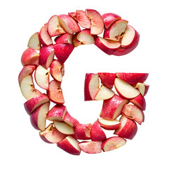 Top view of a 3D letter G made of apple slices isolated on a white transparent background