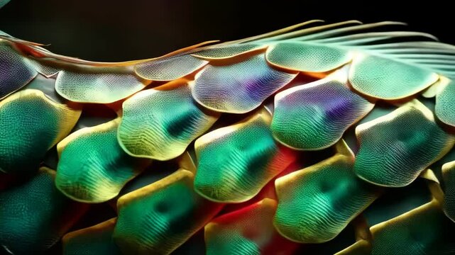 Close-up showcases iridescent fish scales in shades of green, gold and red, displaying a textured, colorful pattern.