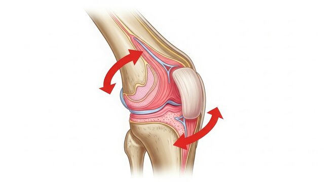 Illustration of a knee joint showing its anatomy and movement.