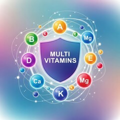 A graphic representation of multivitamins with various vitamins and minerals illustrated.