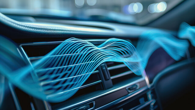 Digital airflow visualization over car vent. Automotive technology concept.  
