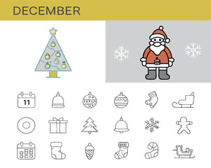December christmas holiday season vector icons santa tree gift calendar snowflake winter celebration