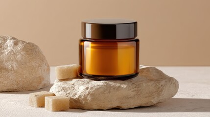 Top-down flat lay of a honey jar mockup on rough stone, surrounded by sugar cubes, soft warm ambient glow, tiny mirrors, vintage amber tones,