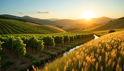 Fototapeta premium Scenic Vineyard Landscape at Sunset with Rolling Hills and Wheat Fields