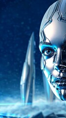 Female cyborg standing near spaceship launching, metallic blue eyes piercing snowy landscape, representing technological future through digital sci fi artwork