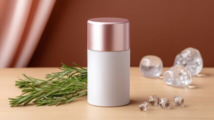 Top-down flat lay of a tea tin mockup on a wooden table, surrounded by fresh herbs, soft warm ambient glow, crystal beads, rose gold luxury,
