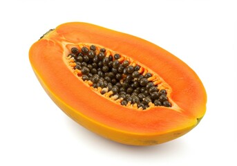 Half cut papaya with seeds isolated on transparent background