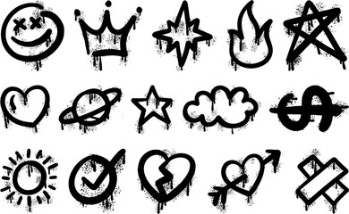 Graffiti-style black spray paint icons including hearts, stars, flames, and symbols with grunge urban street art texture

