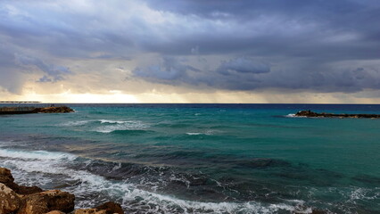 Stormy Seaside Landscape Moody Ocean Horizon View Dramatic Sky Turquoise Waves Coastal Rocks Rainy Atmosphere Natural Light