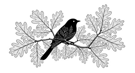 Black Bird on an Oak Branch Silhouette