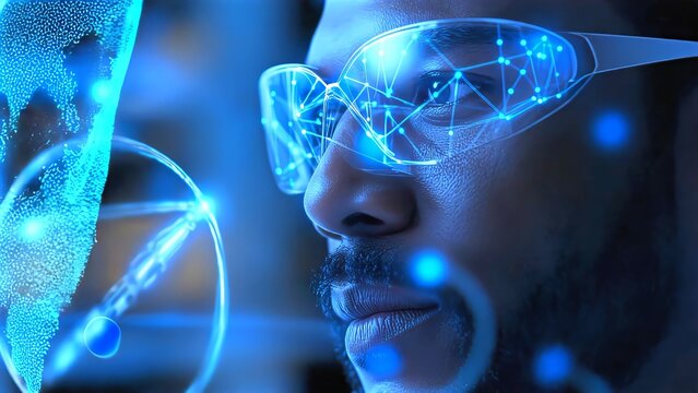 Scientific researcher wearing AR glasses examining holographic visualization of global network and molecular structure, representing technological innovation in research