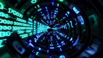 A tunnel with glowing binary data floating in 3D, creating a dynamic and futuristic digital environment as the numbers shift and move, enhancing the high-tech atmosphere - Powered by Adobe