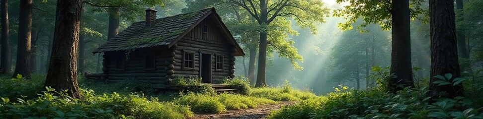 Obraz premium A rustic, overgrown hunting cabin nestled deep within a dense forest, sunlight dappling through the trees Perfect for illustrating hunting, wilderness, or survival themes , rural, outdoors, remote