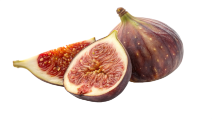 Close up of fresh figs one whole and two halves showing the vibrant colors and textures on a black background
